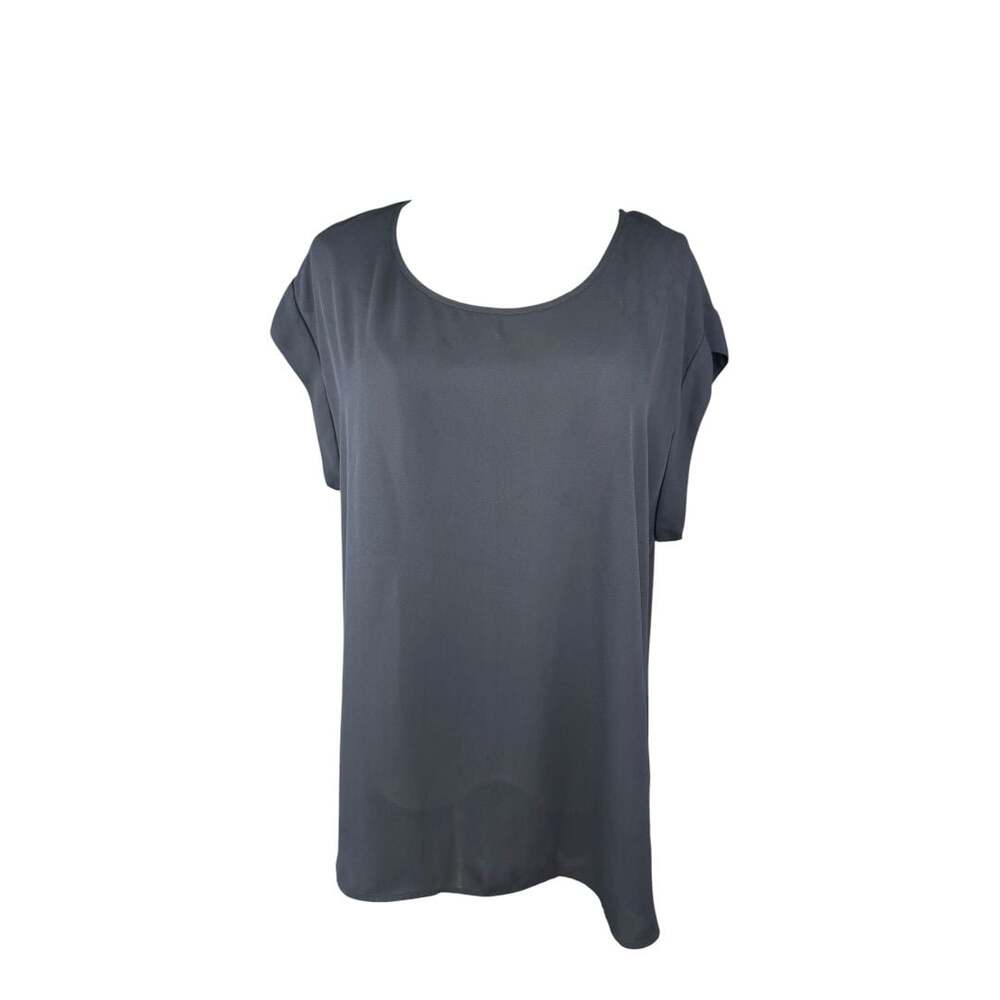 DR2 Black Chiffon Pleated Back Short Sleeve Blouse Sz. L